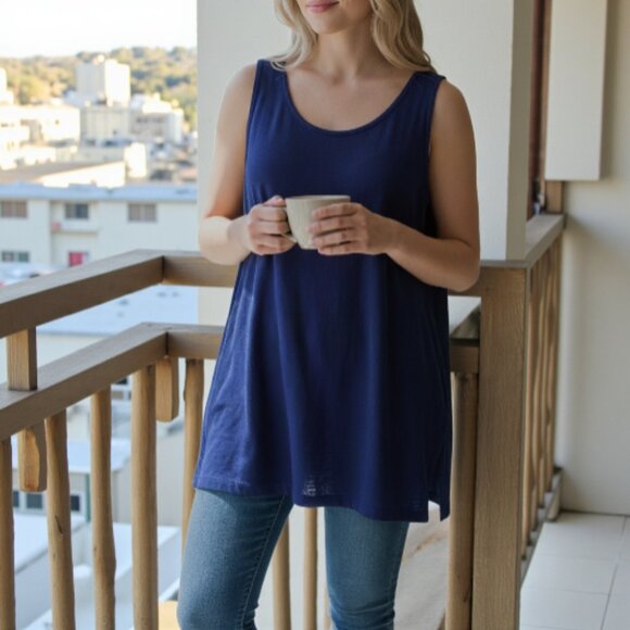 NWT Eileen Fisher Organic Linen U Neck Long Tank Top in Midnight L - Picture 1 of 7